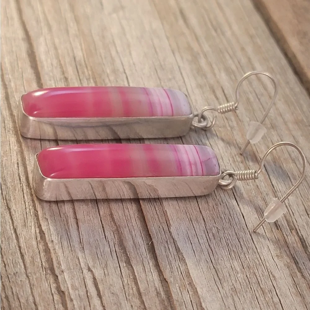 Silver Long Rectangle Pink Agate Bezel Set Dangle Earrings